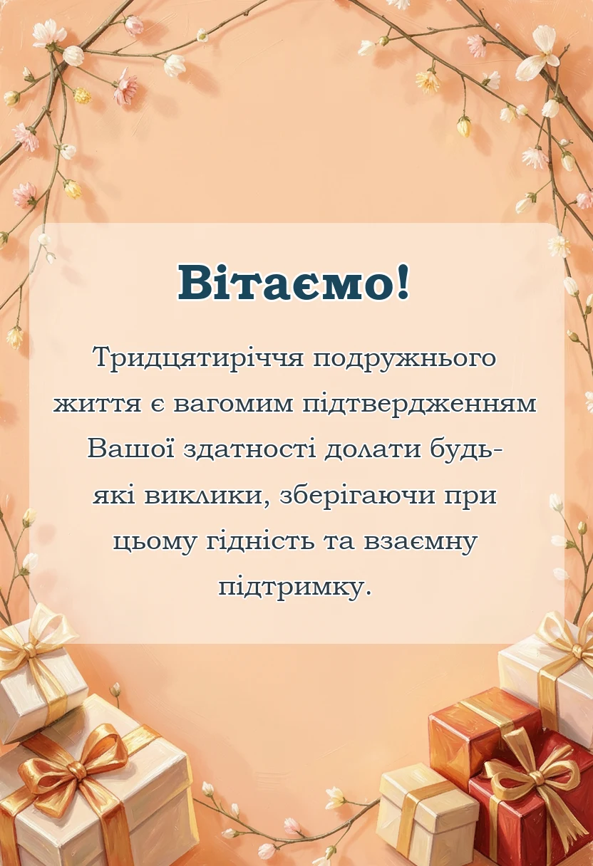 красива листівка: привітання з 30 роками весілля для чоловіка