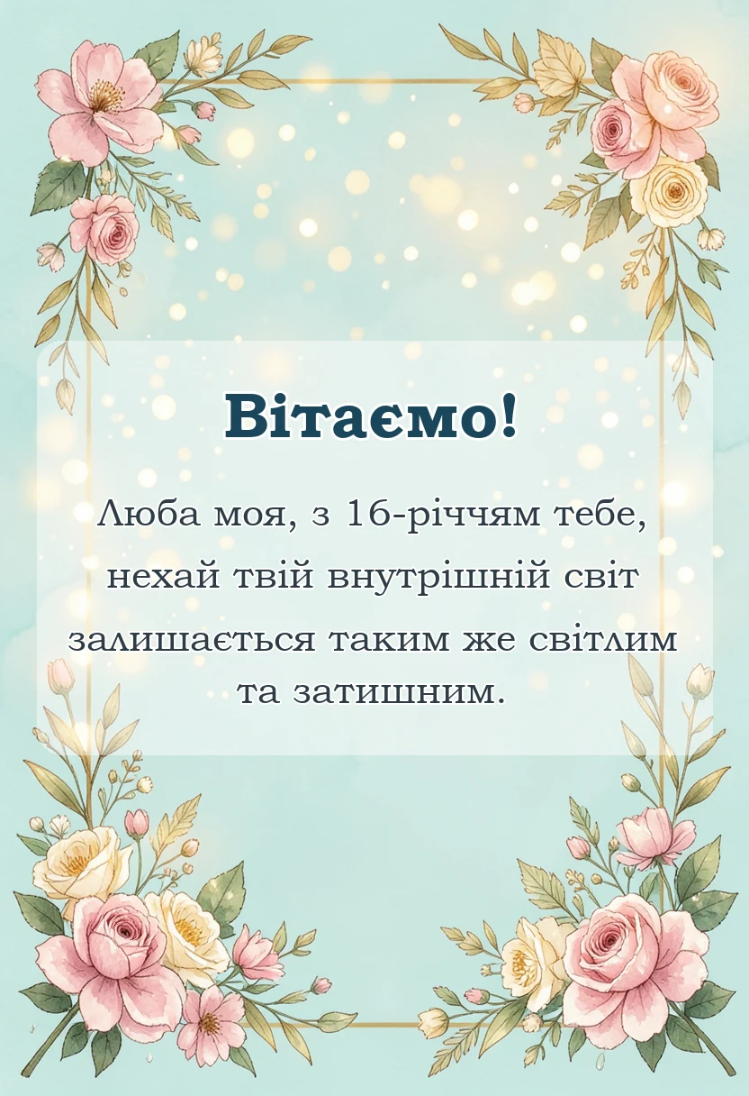 святкова картинка: привітання з днем народження 16 років дівчинці