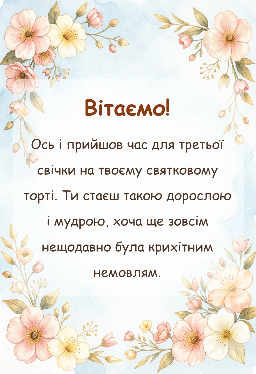 унікальна листівка - привітання з днем народження 3 роки дівчинці