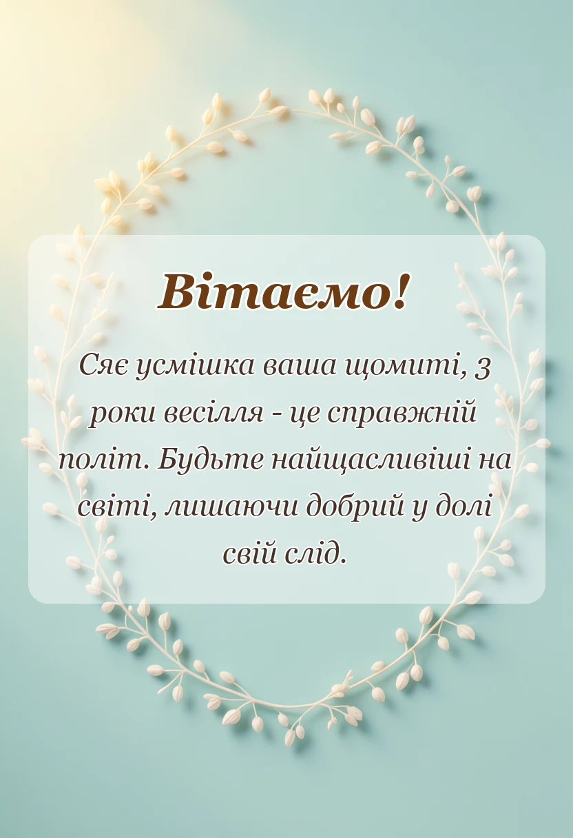 унікальна листівка - гарні привітання на 3 роки весілля