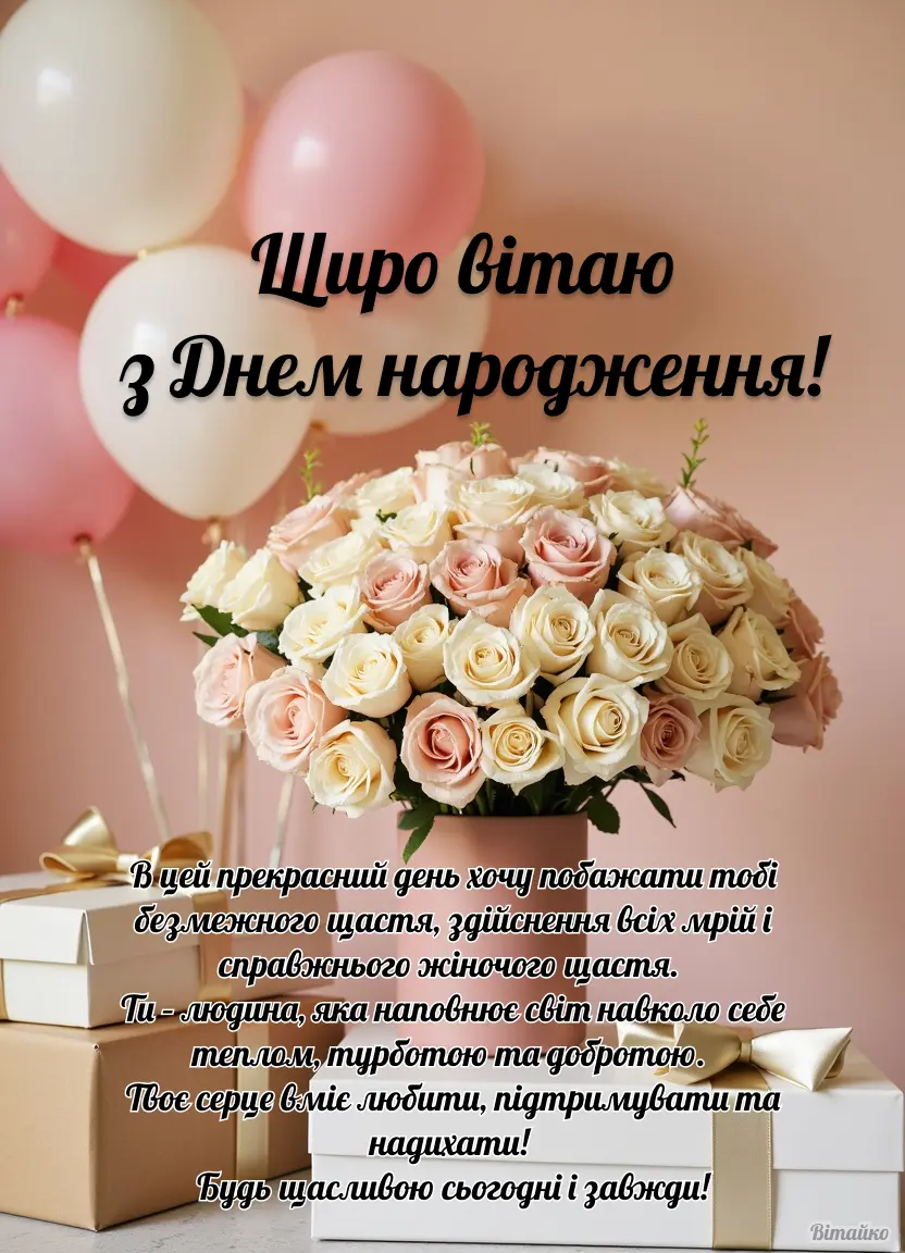 Квіти, кульки та подарунки для привітання з днем народження.