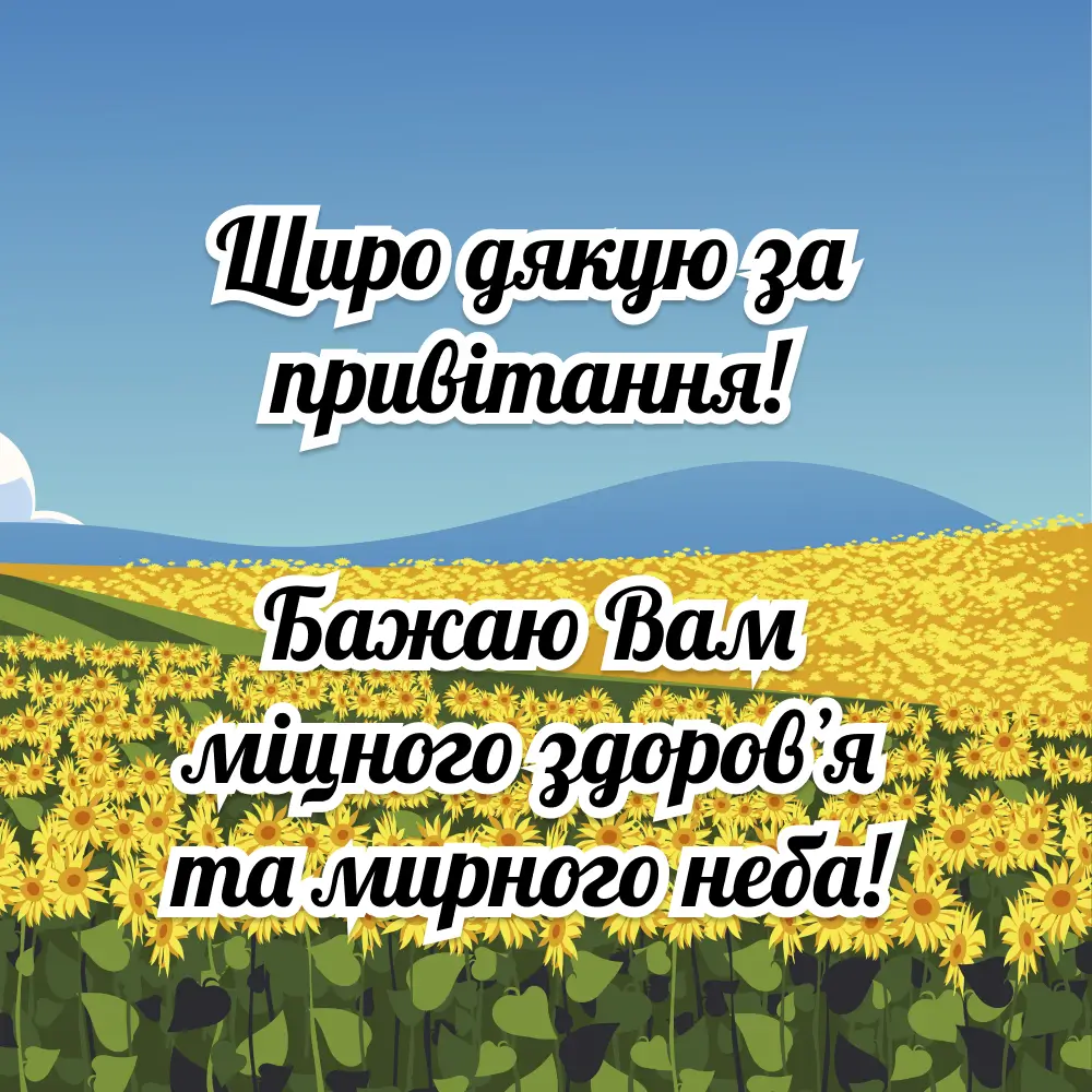Соняшники на полі з українським привітанням.