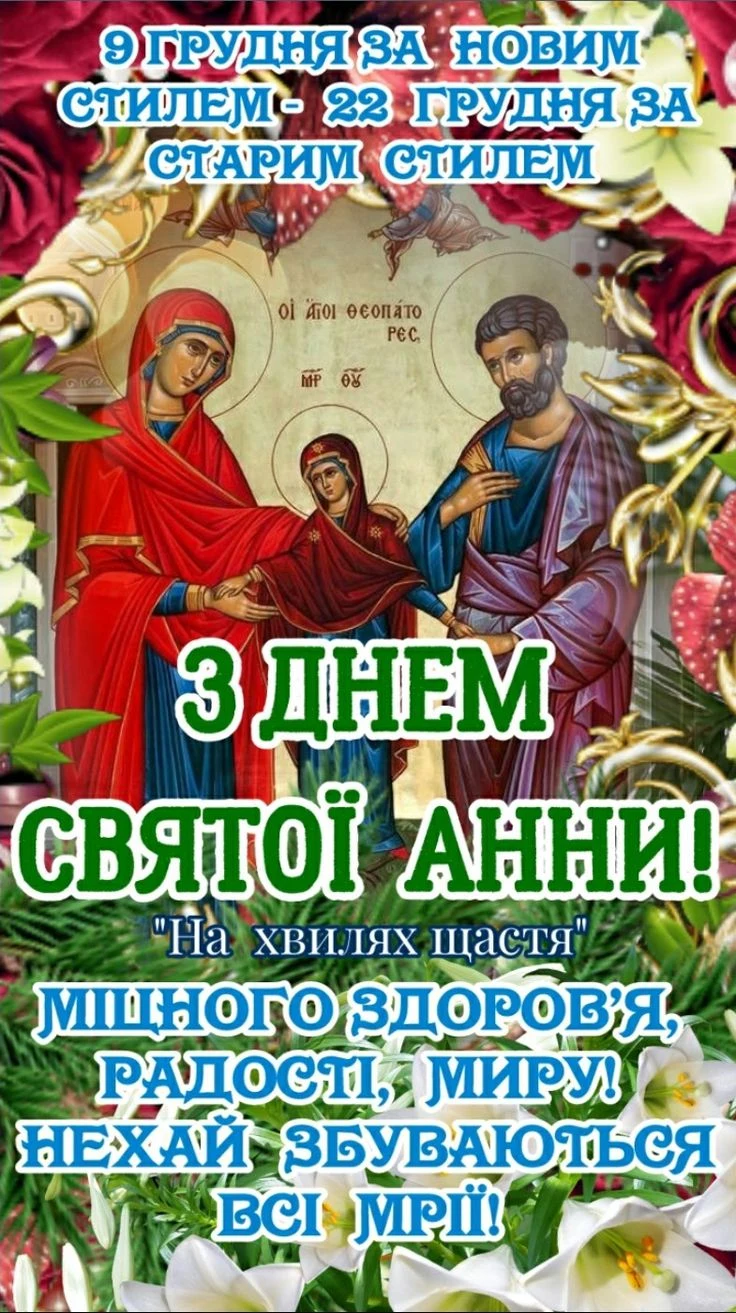 З днем святої Анни! Ікона з квітами та побажаннями.