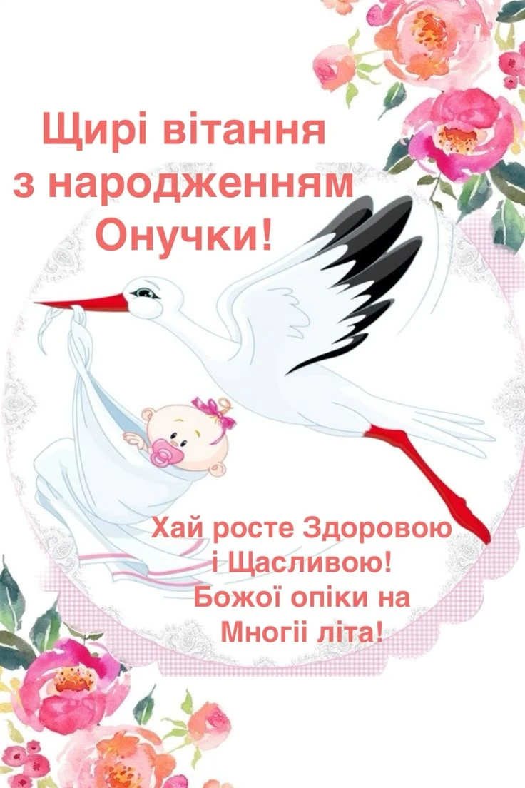 Стилізована ілюстрація з білою журавлею, що несе немовля в квітковому обрамленні.