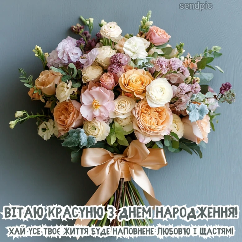 Квітковий букет із привітанням з днем народження українською мовою.
