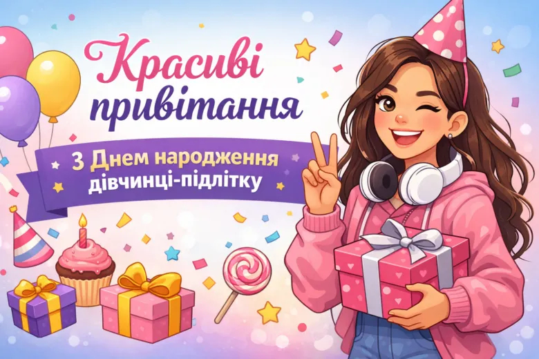 Дівчина з подарунками та кульками святкує день народження.