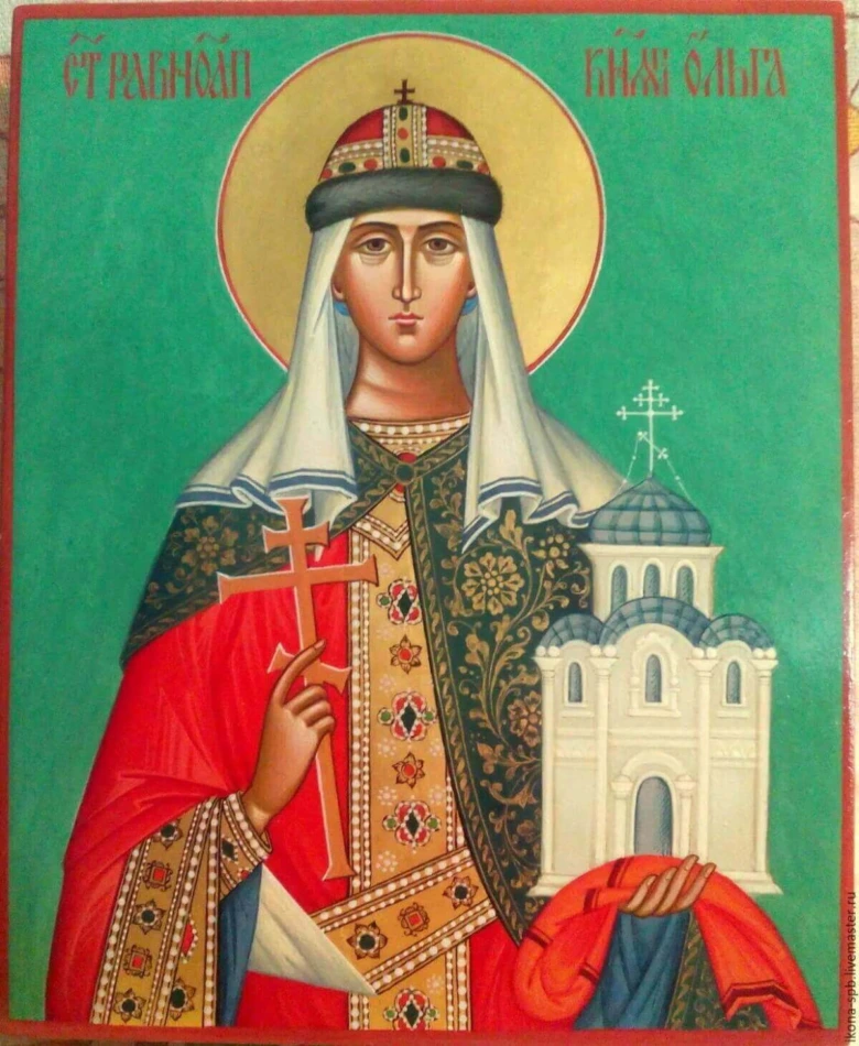 Ікона святої княгині Ольги з хрестом та церквою.