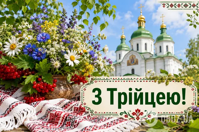 Квіти та церква на Трійцю з привітанням.