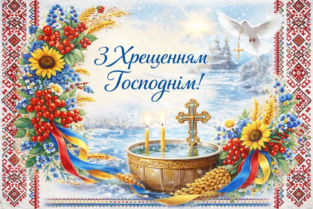 Водохресна вітальна картка з хрестом та качкою.