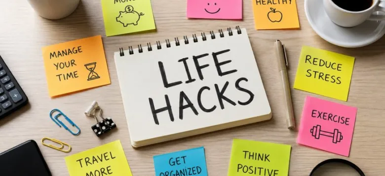 Ноутбук з написом Life Hacks та кольорові стикери з порадами на робочому столі