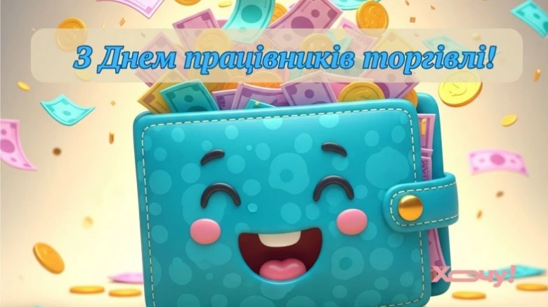 Синій гаманець з грошима на День працівників торгівлі