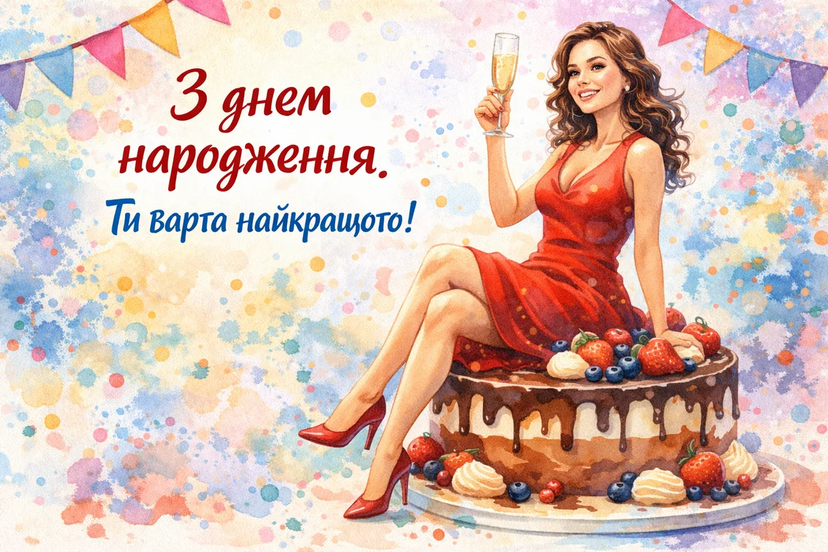 Жінка на торті з шампанським, привітання.