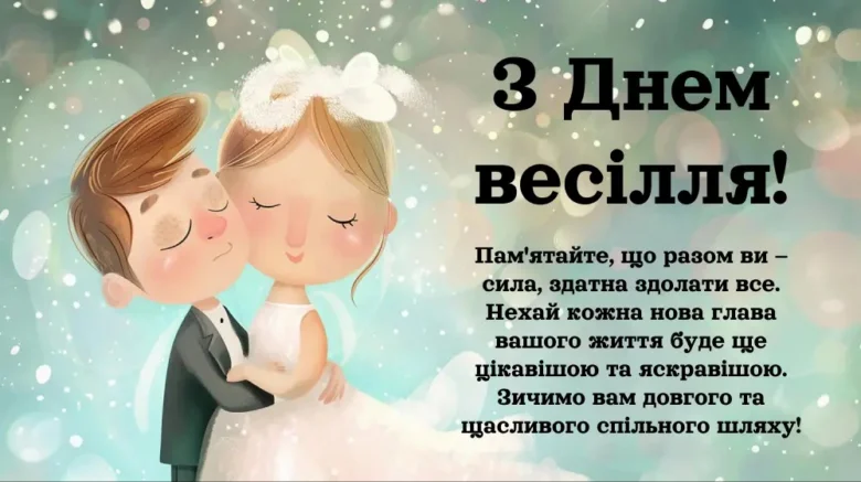 Весільне привітання для подружжя з милою ілюстрацією.