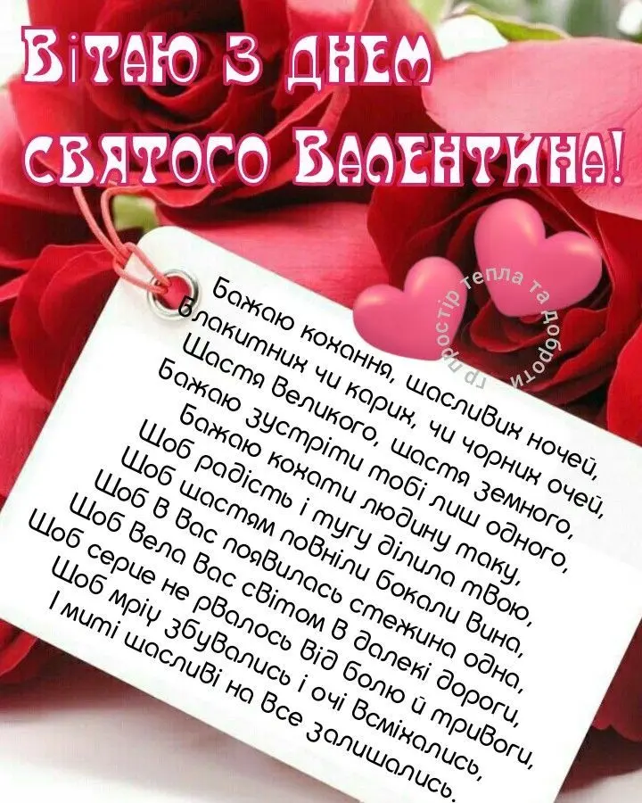 Привітання з Днем святого Валентина на фоні червоних троянд.