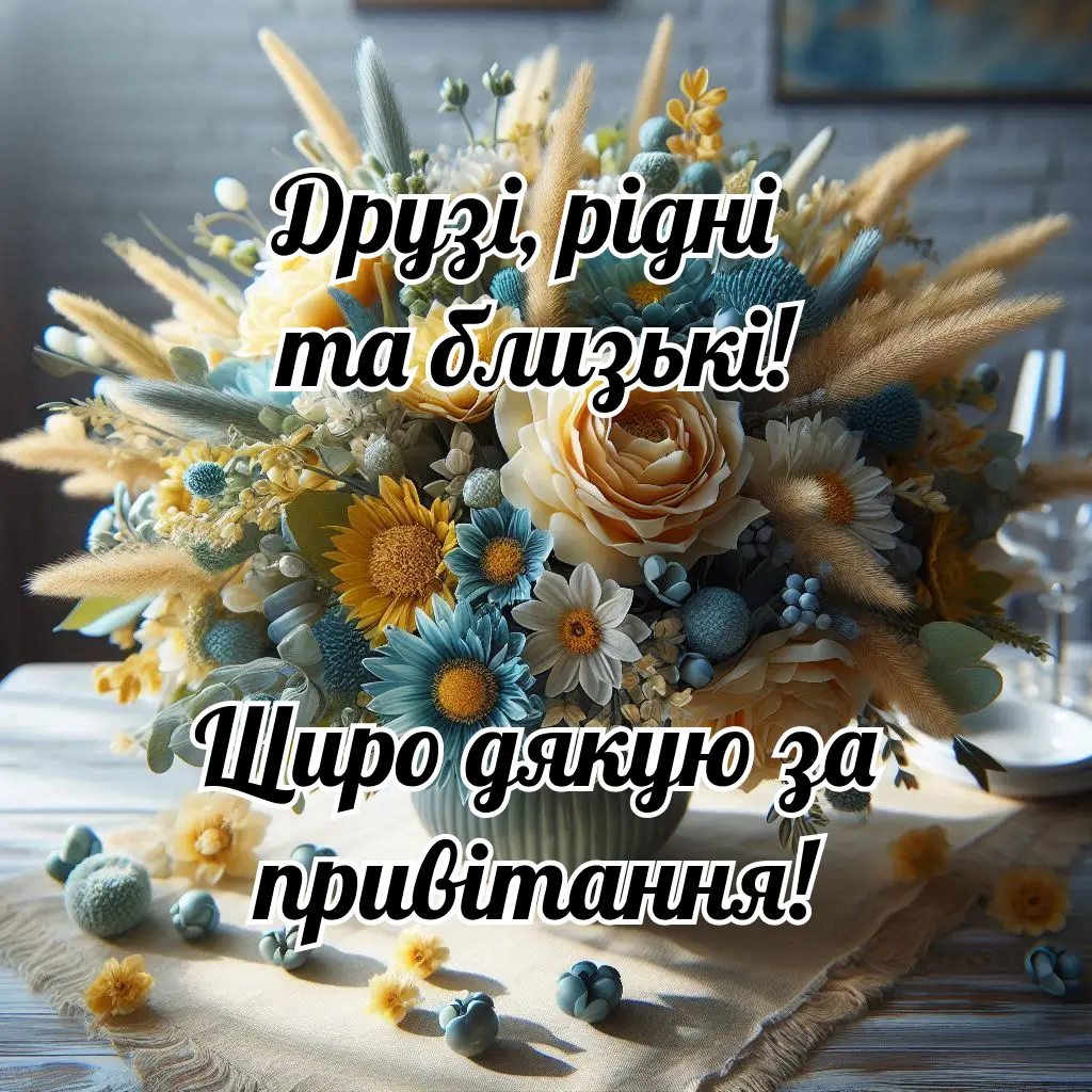Квіти з українським текстом подяки друзям за привітання.