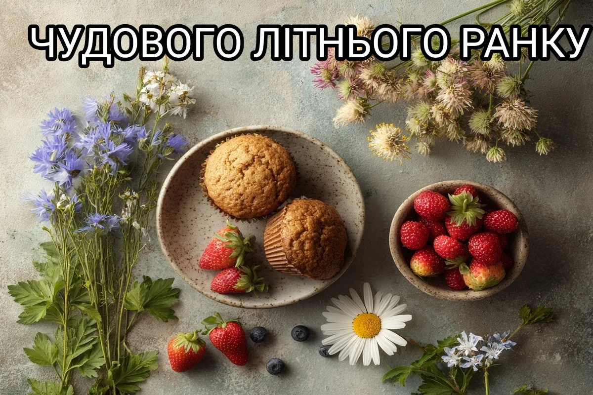 Свіжі ягоди, мафін та квіти для чудового літнього ранку