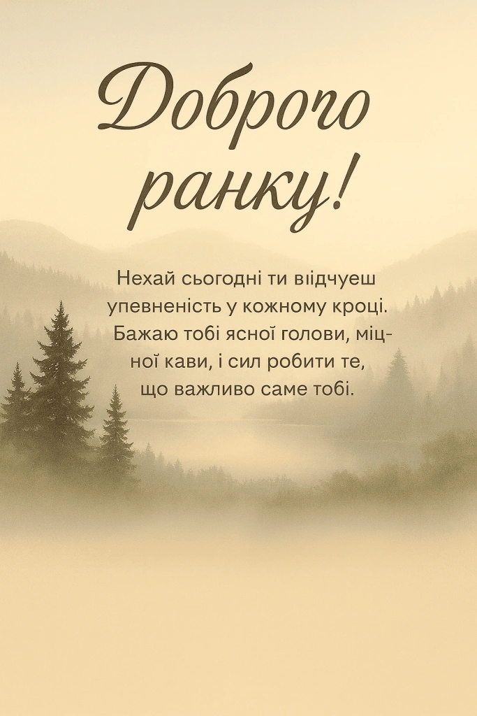 Містичний ліс на ранку з побажаннями доброго дня українською.