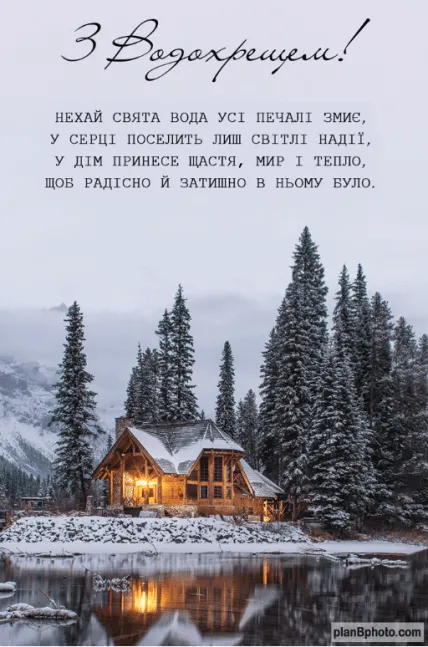 Сніжний будиночок біля озера з хвойними деревами.