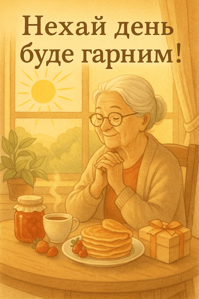 Бабуся за сніданком з оладками та подарунком.