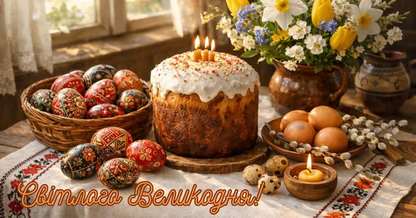 Українське свято Великодня з пасхою та яйцями