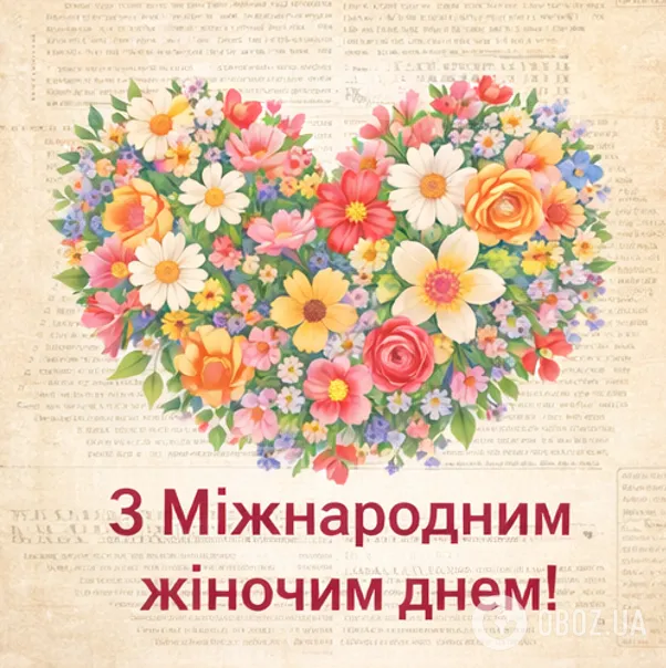 Серце з квітів та привітання на Міжнародний жіночий день українською.